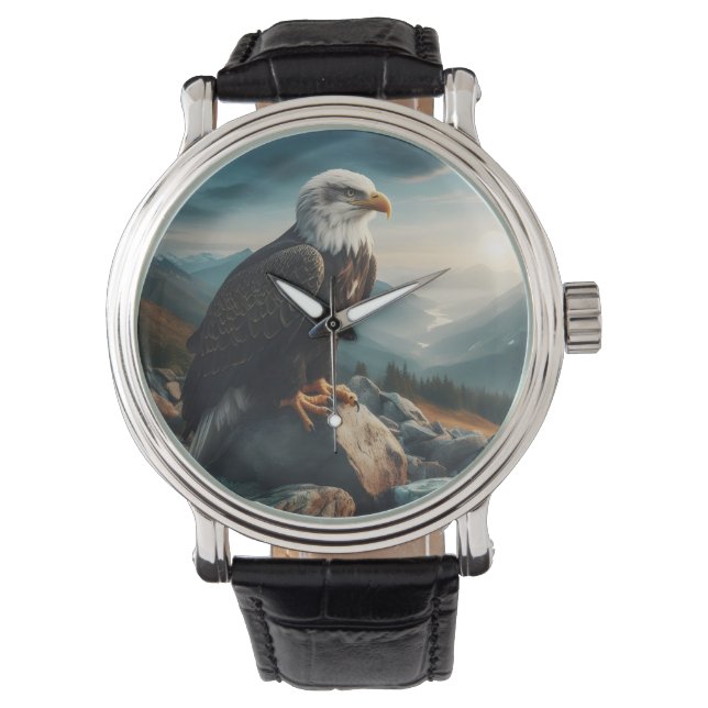 岩の多い地形に止まったワシ 腕時計 (正面)