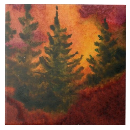 岩の尾根に松が生えている強烈な夕日 タイル (正面)