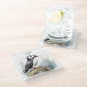 岩の水の色のパフィン、カスタム ガラスコースター (アングル)