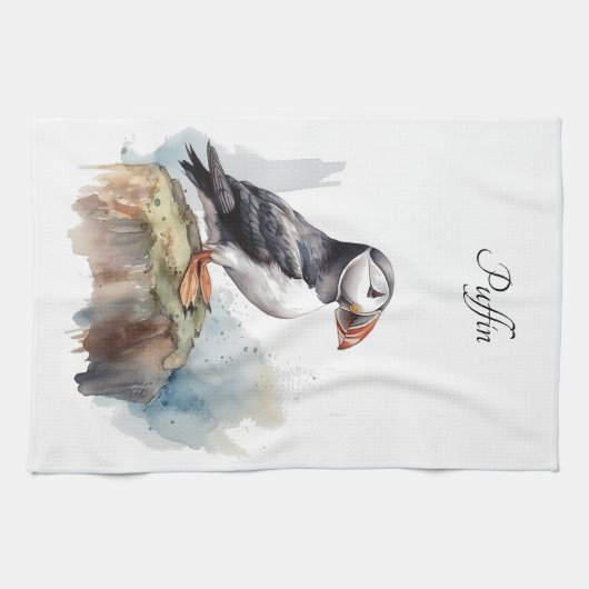 岩の水の色のパフィン、カスタム キッチンタオル (横)