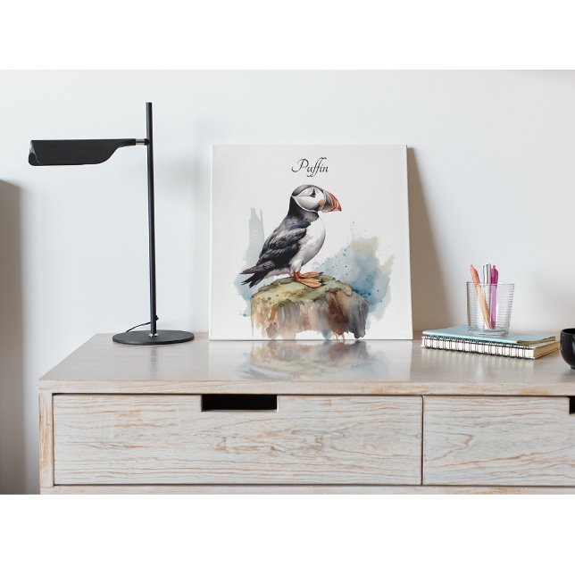 岩の水の色のパフィン、カスタム メタルプリント (クリエイターアップロード済み)