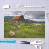 岩を見つめる羊と野原に潜り込んだキャビン 薄葉紙 (クラフト)