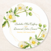 岩バラ水彩白緑ボタニカ結婚ス ラウンドペーパーコースター (正面)