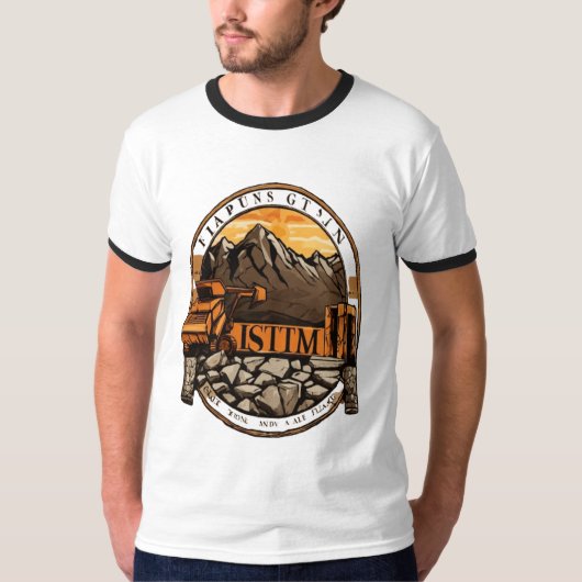 岩場のオレンジ色の掘削機のクレスト Tシャツ (正面)