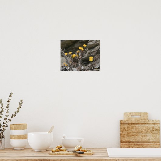 岩石油彩画の黄色い野生の花 ポスター (キッチン)
