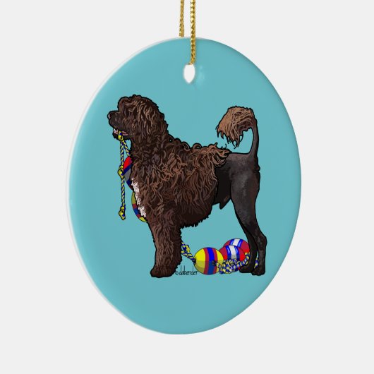 岩糸を持つ水犬のブラウンのポルトガルライオン セラミックオーナメント (右)