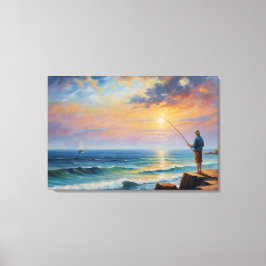 岩絵を描の多いビーチの魚釣り キャンバスプリント