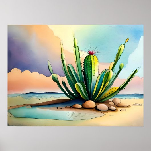 岩絵画砂漠の水源の近くのサボテン ポスター (正面)