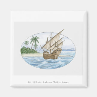 島に近い16世紀の船のイラストレーション マグネット