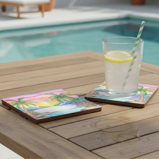 島のトロピカルビーチの夕焼け ストーンコースター