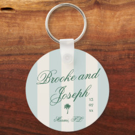 島のヤシのストライプカバナビーチ レトロブルーの結婚式 キーホルダー