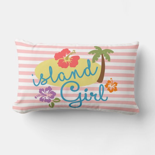 島の少女：熱帯ピンクストライプ ランバークッション (正面)