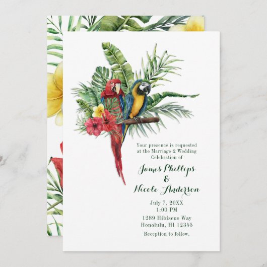島の楽園の鳥たちトロピカルフラワーのウェディング 招待状 (正面/裏面)