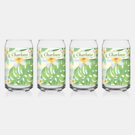 島の花とモンステラ葉のパーソナライズされた ガラス缶 (正面)