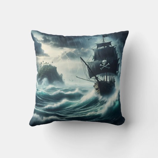 島の近くで嵐の海と戦う海賊船 クッション (裏面)