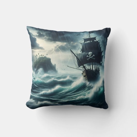 島の近くで嵐の海と戦う海賊船 クッション (正面)