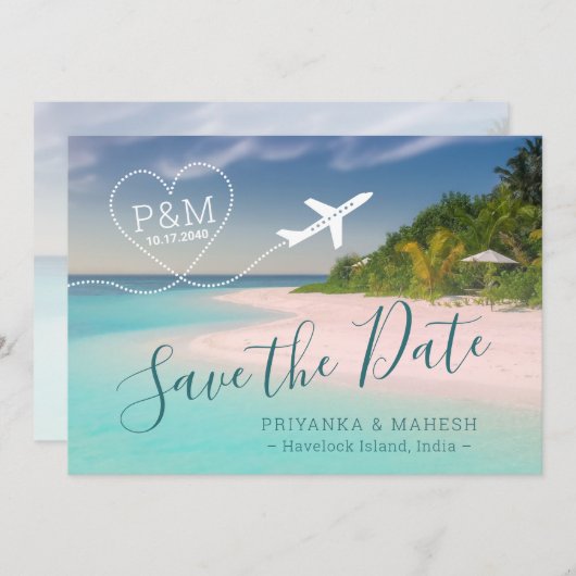 島ビーチ結婚式ハート飛行機日付の保存 セーブザデート (正面/裏面)