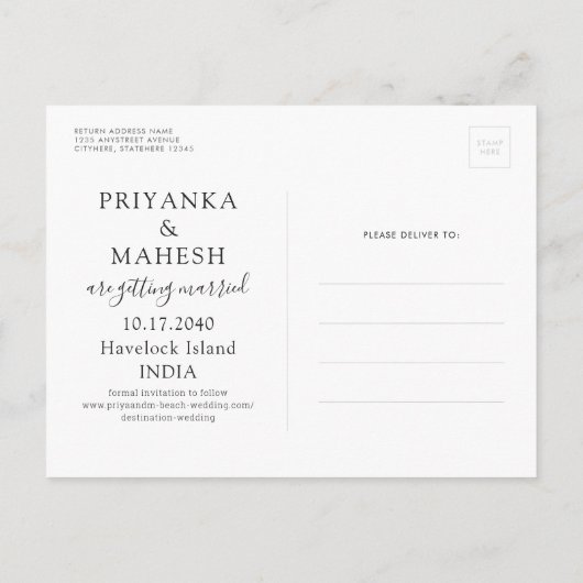 島ビーチ結婚式ハート飛行機日付の保存 案内ポストカード (裏面)