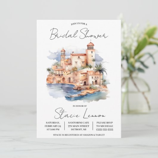 島地中海の、旅行をテーマにしたブライダルシャワー 招待状 (スタンド正面)