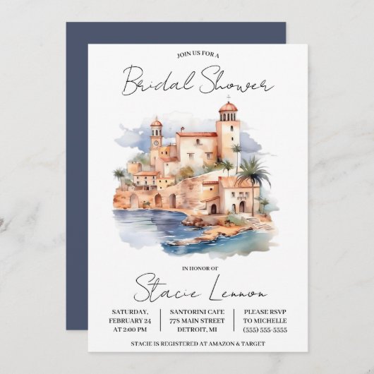 島地中海の、旅行をテーマにしたブライダルシャワー 招待状 (正面/裏面)