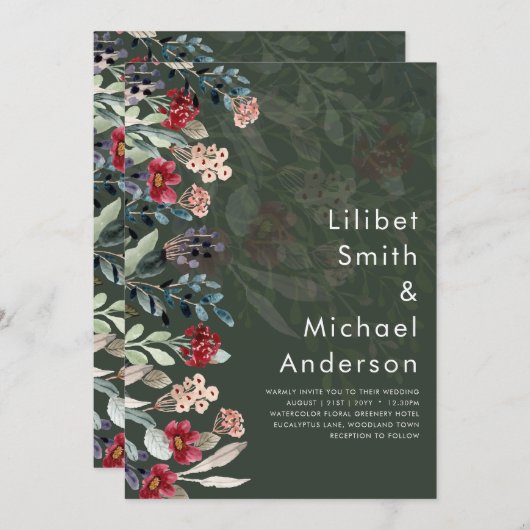 崇高なブルゴーニュの青結婚い花エレガントの 招待状 (正面/裏面)