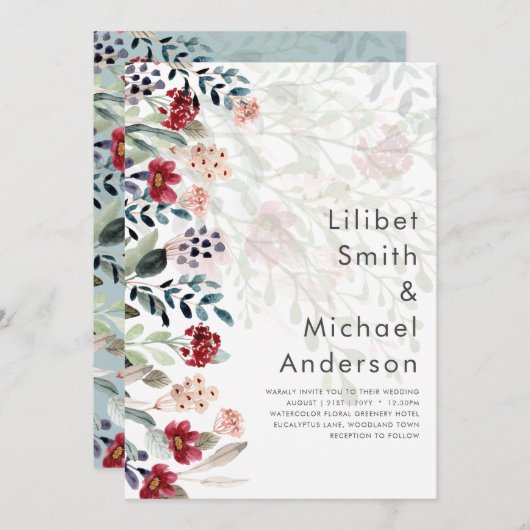 崇高なブルゴーニュの青結婚い花エレガントの 招待状 (正面/裏面)