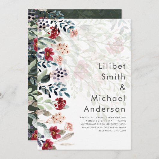 崇高なブルゴーニュの青結婚い花エレガントの 招待状 (正面/裏面)