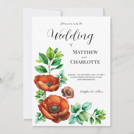 崇高な水の色の赤いケシのヴィンテージスタイル 招待状 (正面)