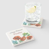 崇高な水の色の赤いケシの幸せな退職 ストーンコースター (横)