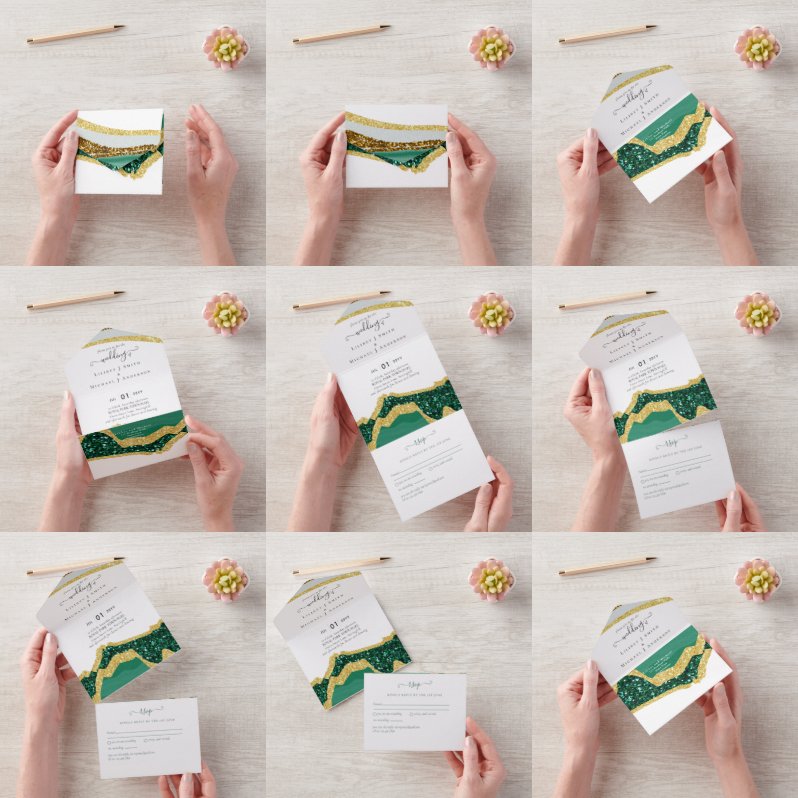 崇高エメラルドグリーン金ゴールドアゲート結婚ト オールインワン招待状