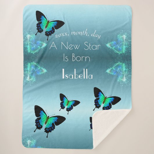 崇高ゴージャスアクアターコイズ蝶シェルパ シェルパブランケット (正面)