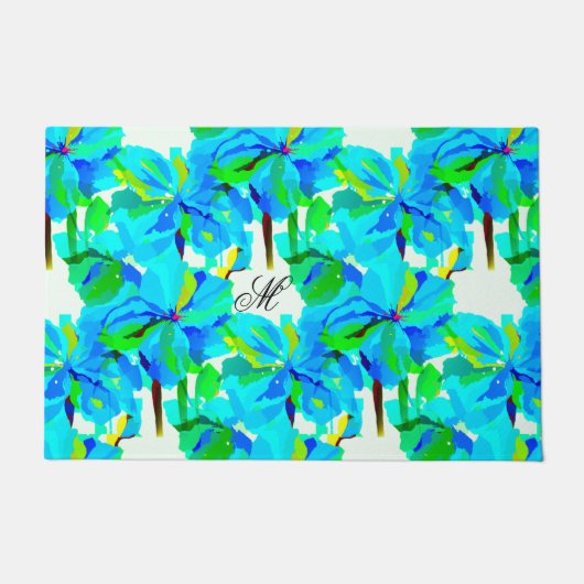 崇高ヒマラヤポピーアクアグリーン花柄 ドアマット (正面)