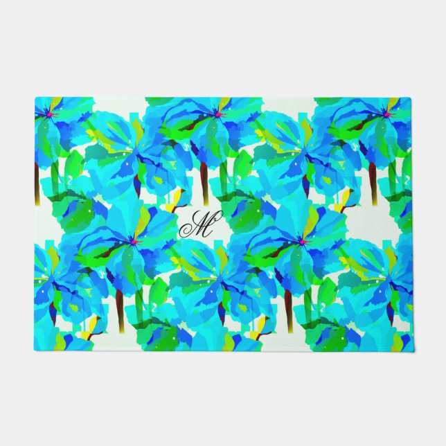 崇高ヒマラヤポピーアクアグリーン花柄 ドアマット (正面)