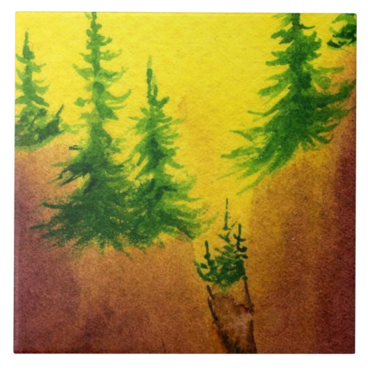 崖の上に松がある強烈な黄色の日の出 タイル (正面)