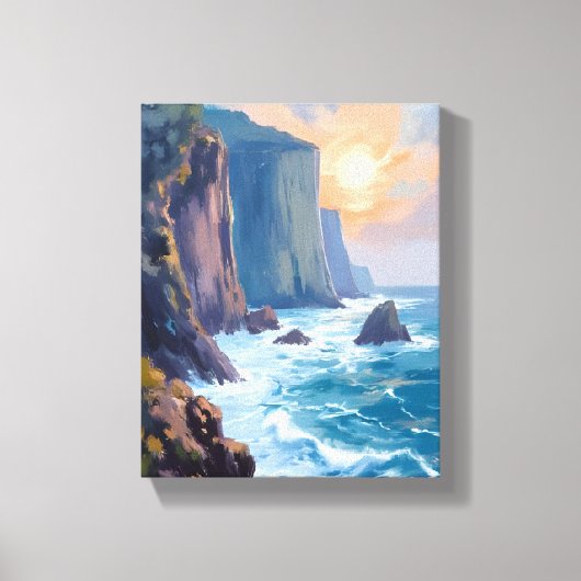 崖の小湾 | 海岸の海の水彩画 キャンバスプリント (正面)