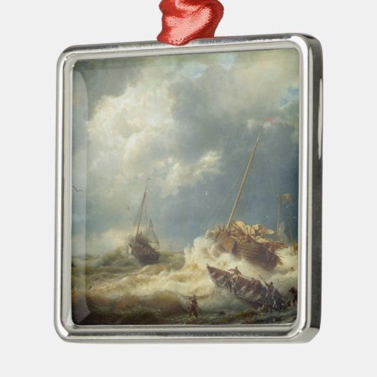 嵐の中のオランダ沿岸の船 メタルオーナメント (左)
