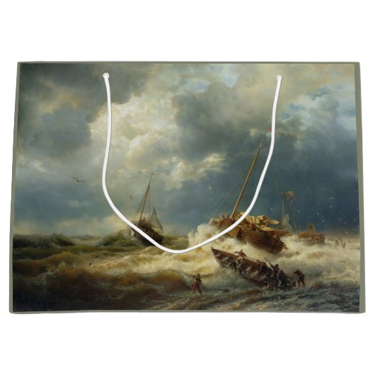 嵐の中のオランダ沿岸の船 ラージペーパーバッグ (正面)