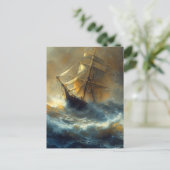 嵐の中の帆船絵画船 ポストカード (スタンド正面)