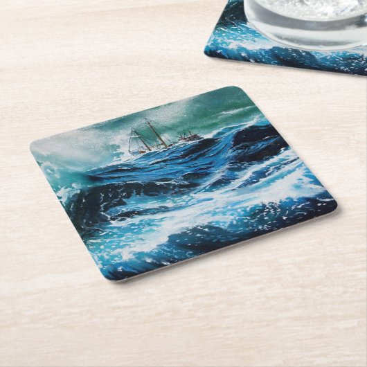 嵐の中の海の中の船 スクエアペーパーコースター (アングル)