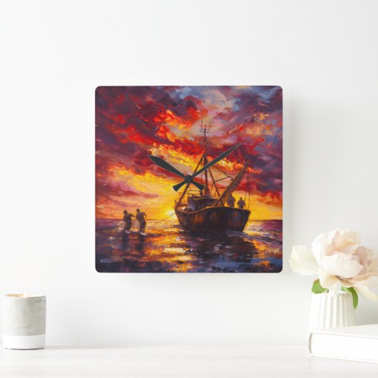 嵐の中の漁師 スクエア壁時計 (ホーム)