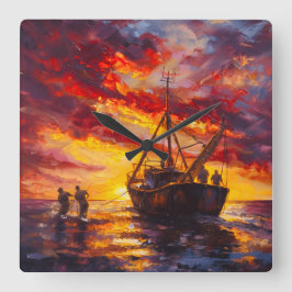 嵐の中の漁師 スクエア壁時計