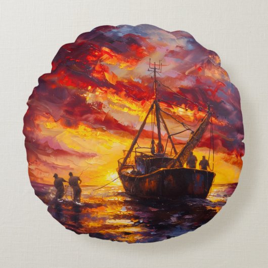 嵐の中の漁師 ラウンドクッション (正面)