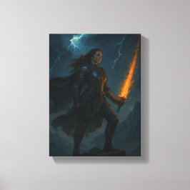 嵐の崖に燃え盛る剣を持つ女戦士 キャンバスプリント