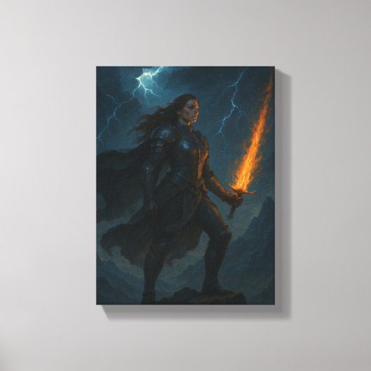 嵐の崖に燃え盛る剣を持つ女戦士 キャンバスプリント (正面)