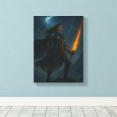 嵐の崖に燃え盛る剣を持つ女戦士 キャンバスプリント (インサイチュ (ウッドフロア))