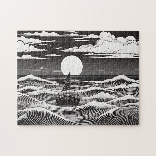 嵐の海で夜の孤独な帆船 ジグソーパズル (横)