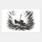 嵐の海のインクボートが波と戦うアート 長方形シール (正面)