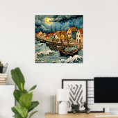 嵐の海の夜に魅惑的な漁師芸術 ポスター (ホームオフィス)