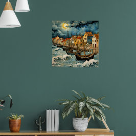 嵐の海の夜に魅惑的な漁師芸術 ポスター