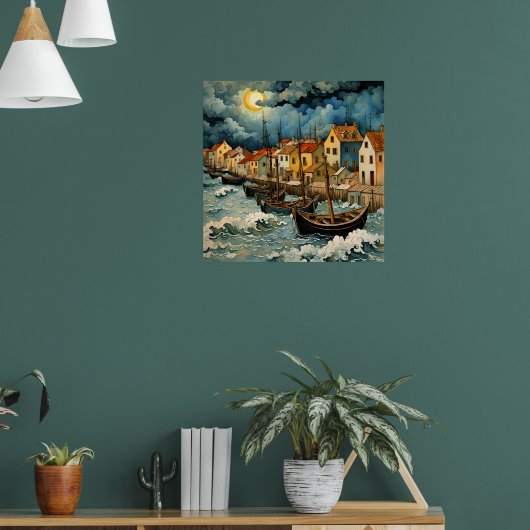 嵐の海の夜に魅惑的な漁師芸術 ポスター (リビング1)